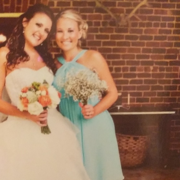 Davids Bridal Bridesmaid Dress Blue Chiffon Halter - Picture 4 of 8